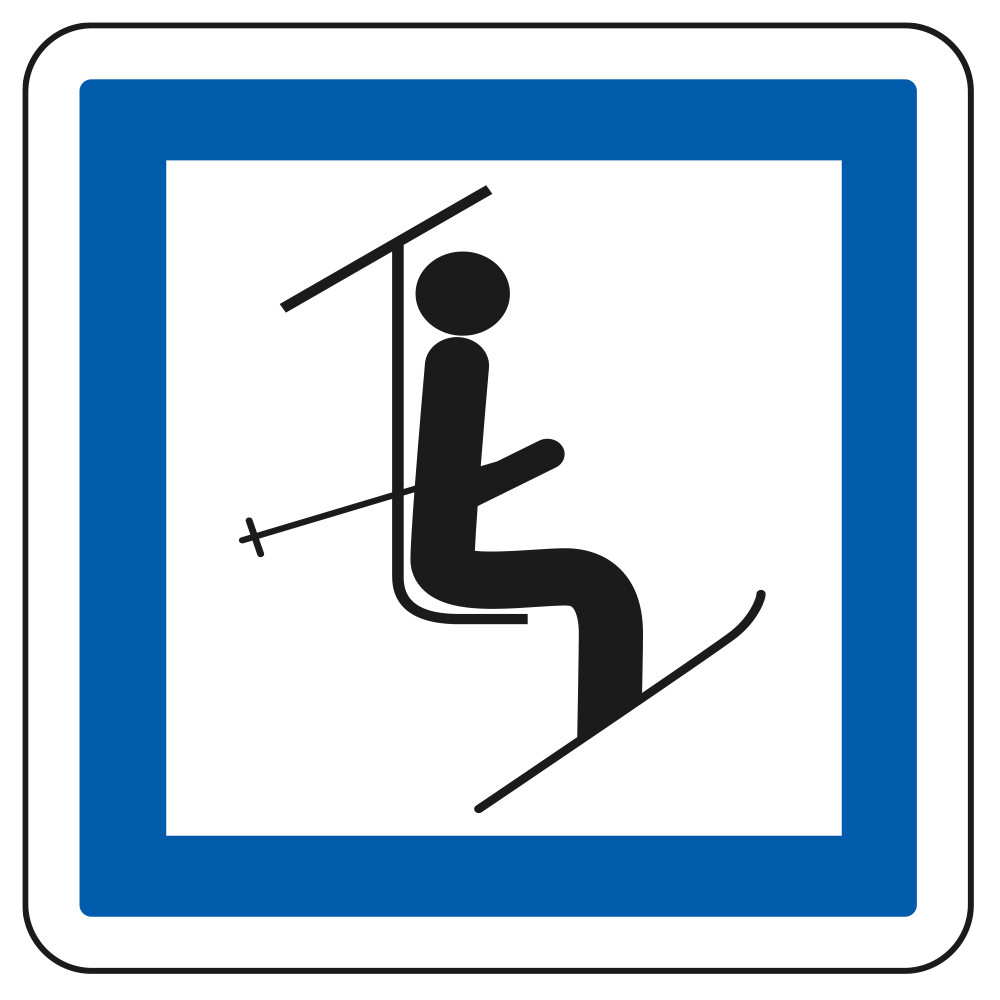 Panneau d'indication des services Point de départ télésiège ou télécabine CE20b Signalisation Carré Fond blanc Bordure bleu