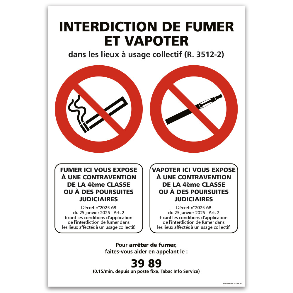 Panneau interdiction de fumer et de vapoter selon nouveau décret janvier 2025 Panneau interdiction de fumer et de vapoter selon nouveau décret janvier 2025