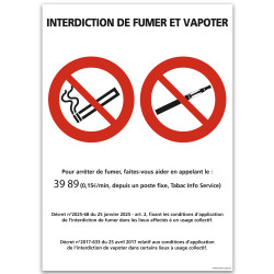 PANNEAU INTERDICTION DE FUMER ET VAPOTER selon nouveau décret du 25 janvier 2025