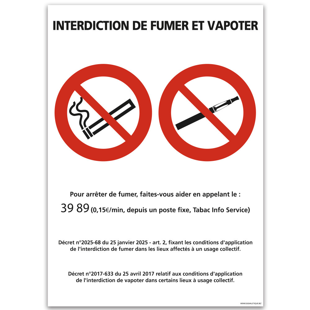 PANNEAU INTERDICTION DE FUMER ET VAPOTER selon nouveau décret du 25 janvier 2025 PANNEAU INTERDICTION DE FUMER ET VAPOTER selon nouveau décret du 25 janvier 2025