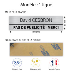 Plaque de boite aux lettres 1 ligne personnalisée avec mention PAS DE PUBLICITÉ