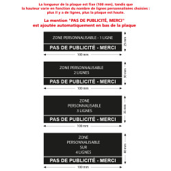 Plaque de boite aux lettres 1 à 4 lignes personnalisées avec mention PAS DE PUBLICITÉ MERCI