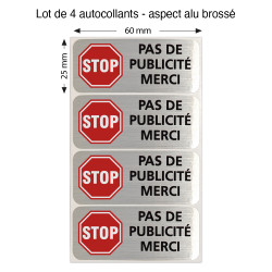 Lot de 4 autocollants Pas de publicité en adhésif aluminium brossé 60 x 25 mm