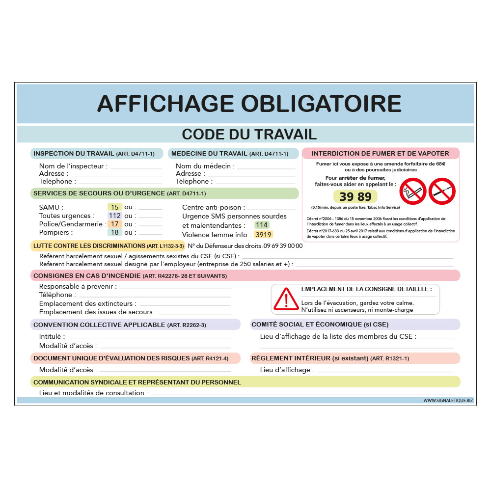 AFFICHAGE OBLIGATOIRE CODE DU TRAVAIL - Lot de 4 visuels (A0629)