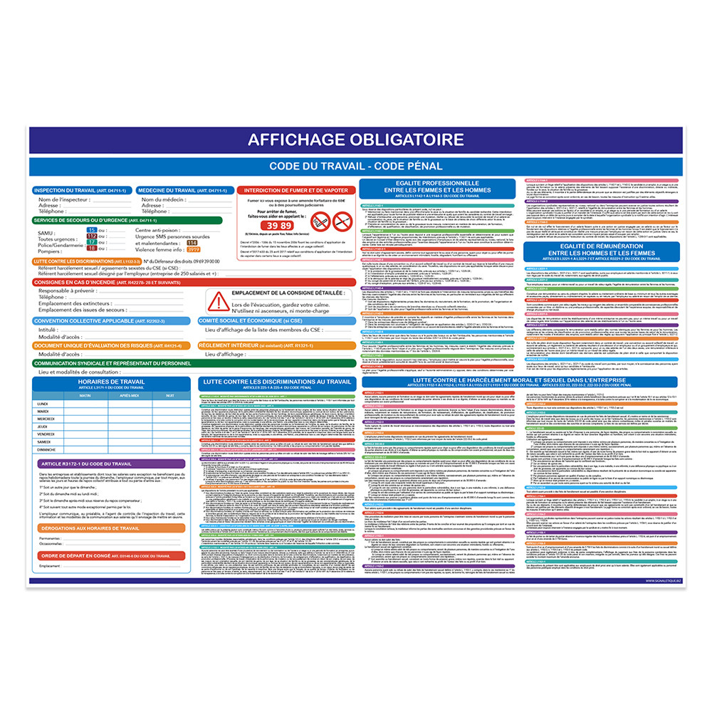 Pancarte affichage obligatoire Code du travail