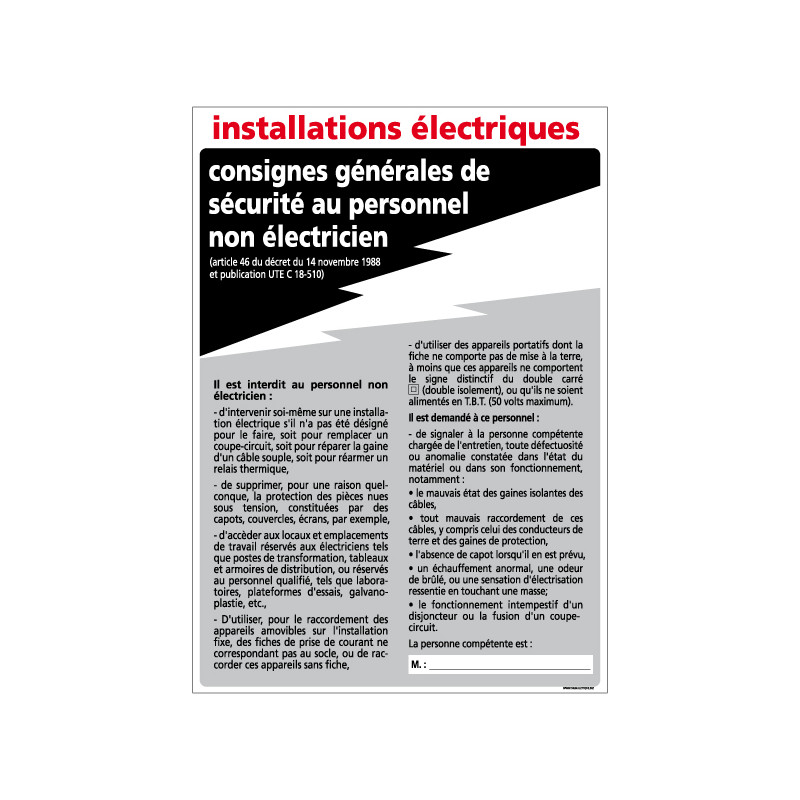 Panneau CONSIGNES DES INSTALLATIONS ELECTRIQUES (A0325)