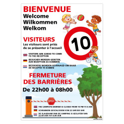 PANNEAU BIENVENUE AU CAMPING PERSONNALISABLE AVEC OUVERTURE DES BARRIERES (H0504-PERSO)