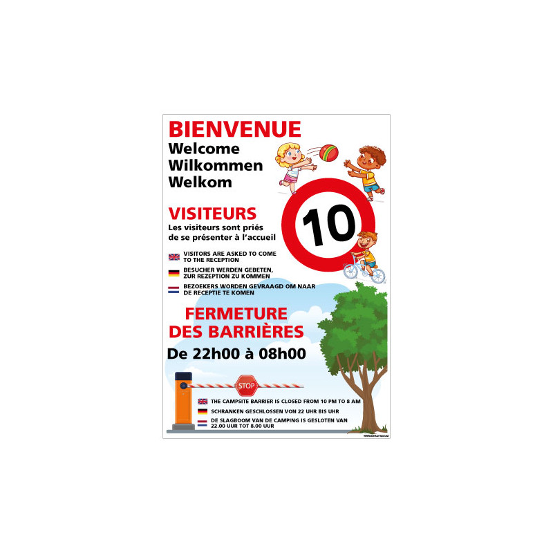 PANNEAU BIENVENUE AU CAMPING PERSONNALISABLE AVEC OUVERTURE DES BARRIERES (H0504-PERSO)