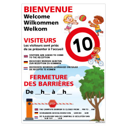 PANNEAU BIENVENUE AU CAMPING PERSONNALISABLE AVEC OUVERTURE DES BARRIERES (H0504-PERSO)