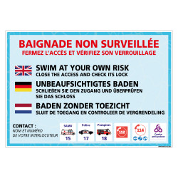 PANNEAU BAIGNADE NON SURVEILLEE DANS PLUSIEURS LANGUES PERSONNALISABLE (H0493-PERSO)