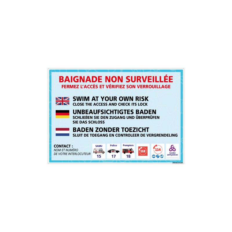 PANNEAU BAIGNADE NON SURVEILLEE DANS PLUSIEURS LANGUES PERSONNALISABLE (H0493-PERSO)