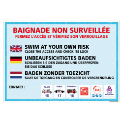 PANNEAU BAIGNADE NON SURVEILLEE DANS PLUSIEURS LANGUES PERSONNALISABLE (H0493-PERSO)