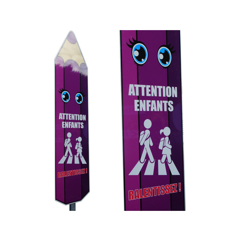 Panneau "Attention enfants, Ralentissez" - en forme de crayon (WECOCRA) Panneau "Attention enfants, Ralentissez" - en forme de crayon (WECOCRA)