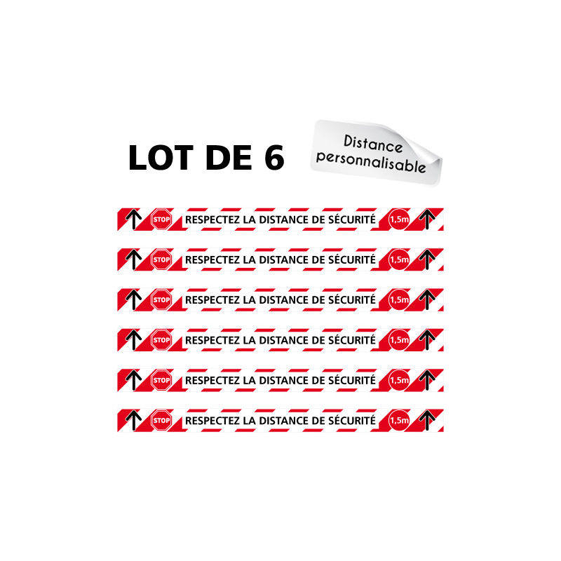 AUTOCOLLANT COVID 19 - LOT DE 6 AUTOCOLLANT SOL AVEC COLLE FORTE - RESPECTEZ LA DISTANCE DE SECURITE - DISTANCES PERSONNALISABLE