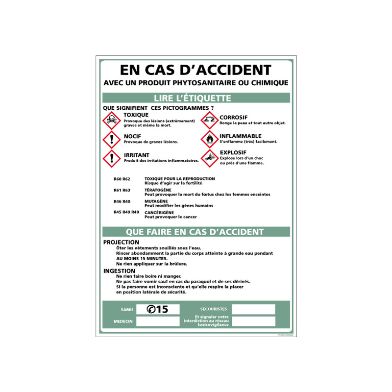 Consignes de sécurité en cas d'accident avec produit chimique (A0370)