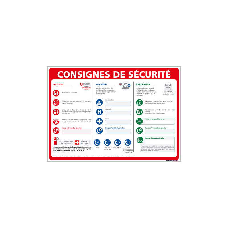 PANNEAU CONSIGNES DE SECURITE INCENDIE - ACCIDENT (A0646)