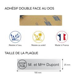 PLAQUE GRAVEE POUR BOITE AUX LETTRES STOP PUB PERSONNALISABLE (BAL0003)