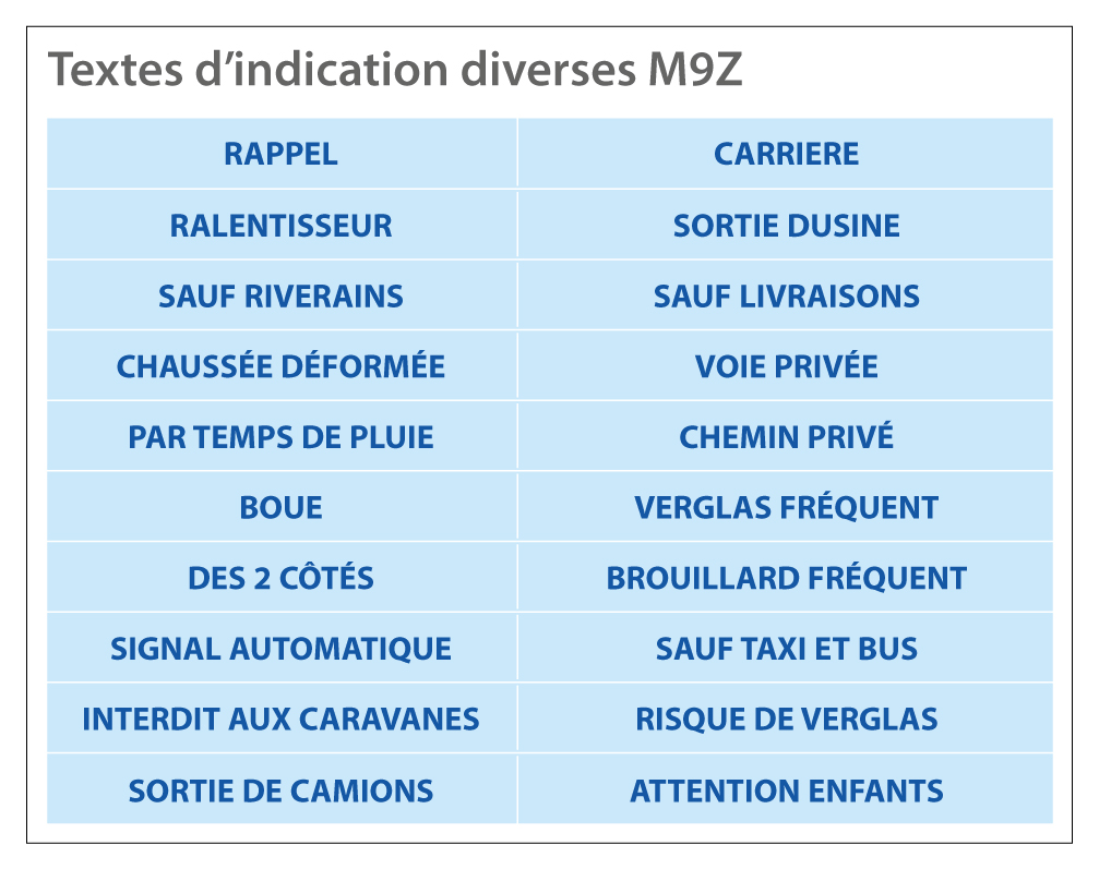 textes d'indication diverses M9z